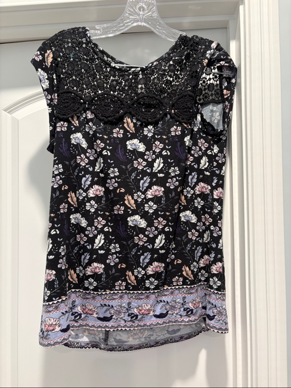 Floral Lace-Trim Women’s Top - Black with Pastel Flowers